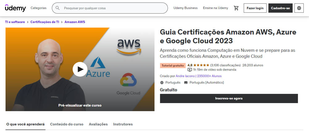 Top 10 cursos online gratuitos na Udemy em português - Curso Guia Certificações Amazon AWS, Azure e Google Cloud 2023