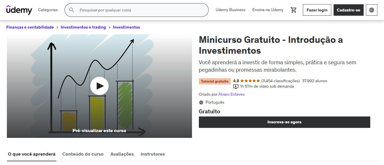 Top 10 cursos online gratuitos na Udemy em português - Curso Minicurso Gratuito - Introdução a Investimentos