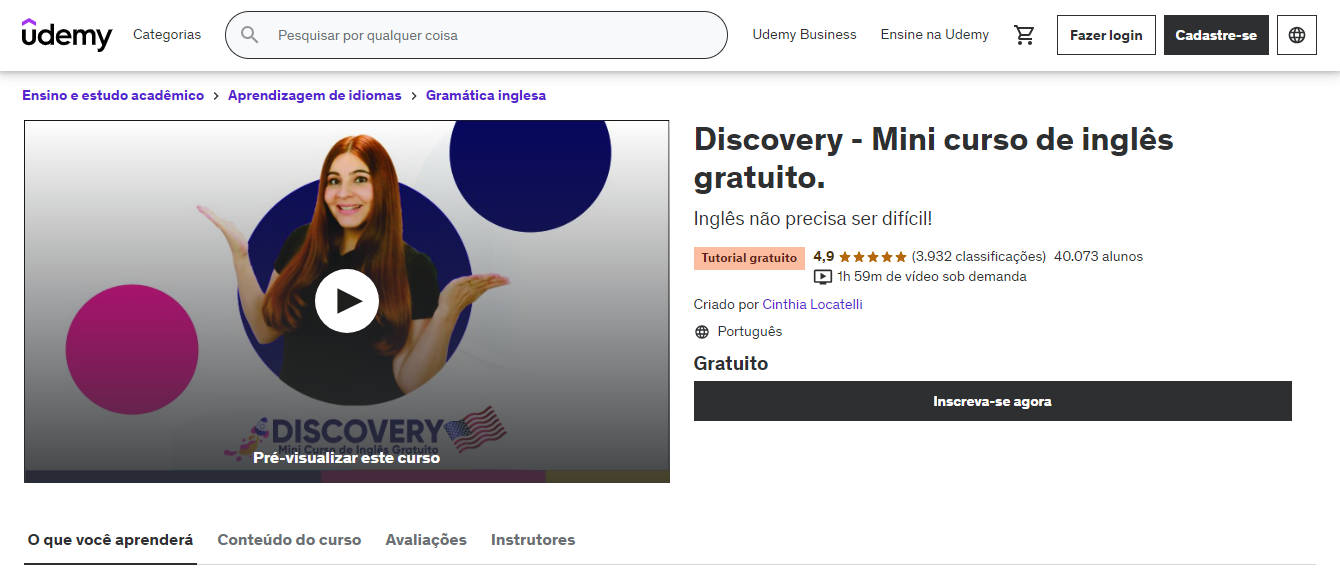 Top 10 cursos online gratuitos na Udemy em português - Curso Discovery - Mini Curso de inglês gratuito