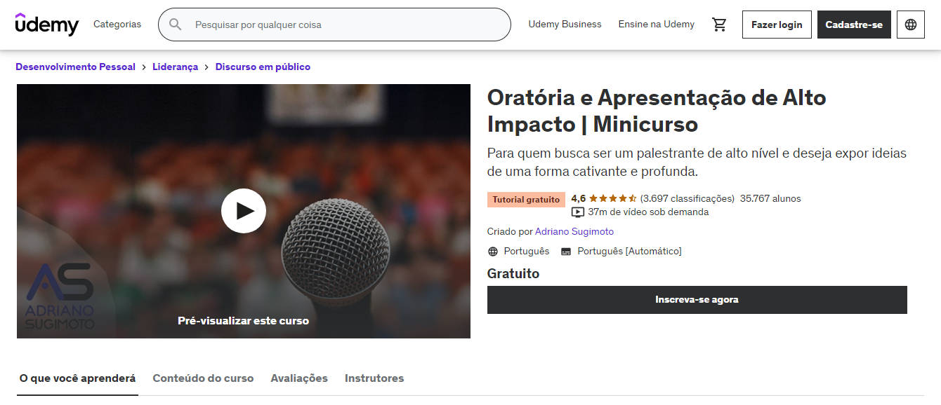 Top 10 cursos online gratuitos na Udemy em português - Curso Oratória e Apresentação de Alto Impacto - Minicurso