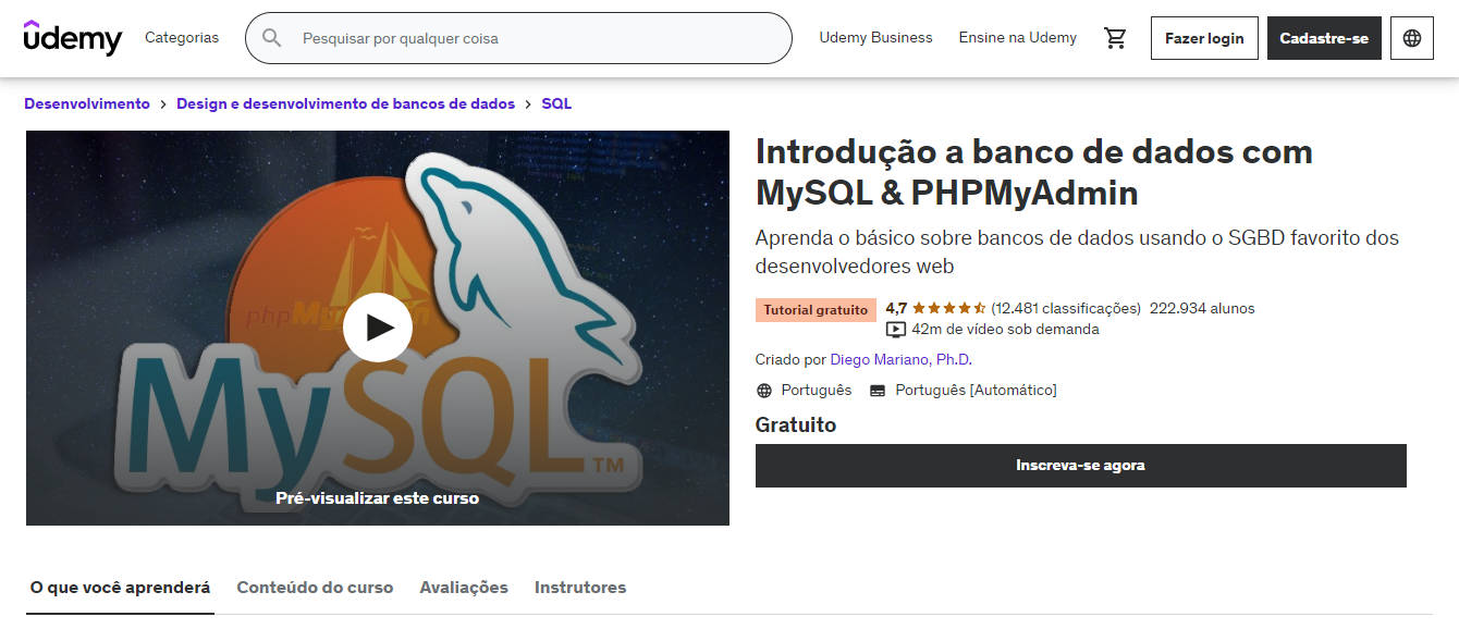 Top 10 cursos online gratuitos na Udemy em português - Curso Introdução a banco de dados com MySQL & PHPMyAdmin