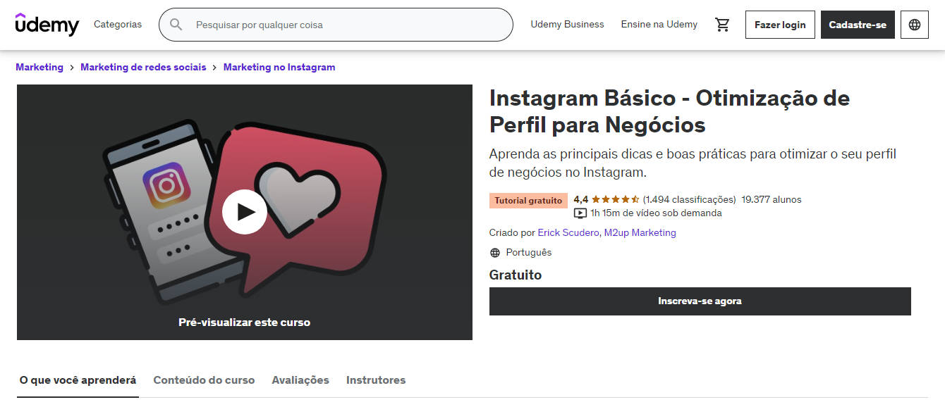 Top 10 cursos online gratuitos na Udemy em português - Curso Instagram Básico - Otimização de Perfil para Negócios