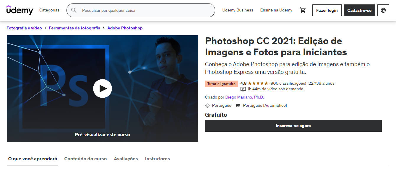 Top 10 cursos online gratuitos na Udemy em português - Curso Photoshop CC 2021 - Edição de Imagens e Fotos para Iniciantes