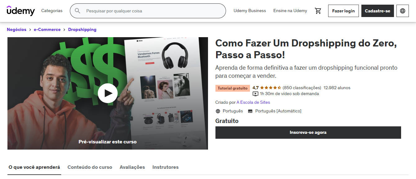 Top 10 cursos online gratuitos na Udemy em português - Curso Como Fazer Um Dropshipping do Zero, Passo a Passo