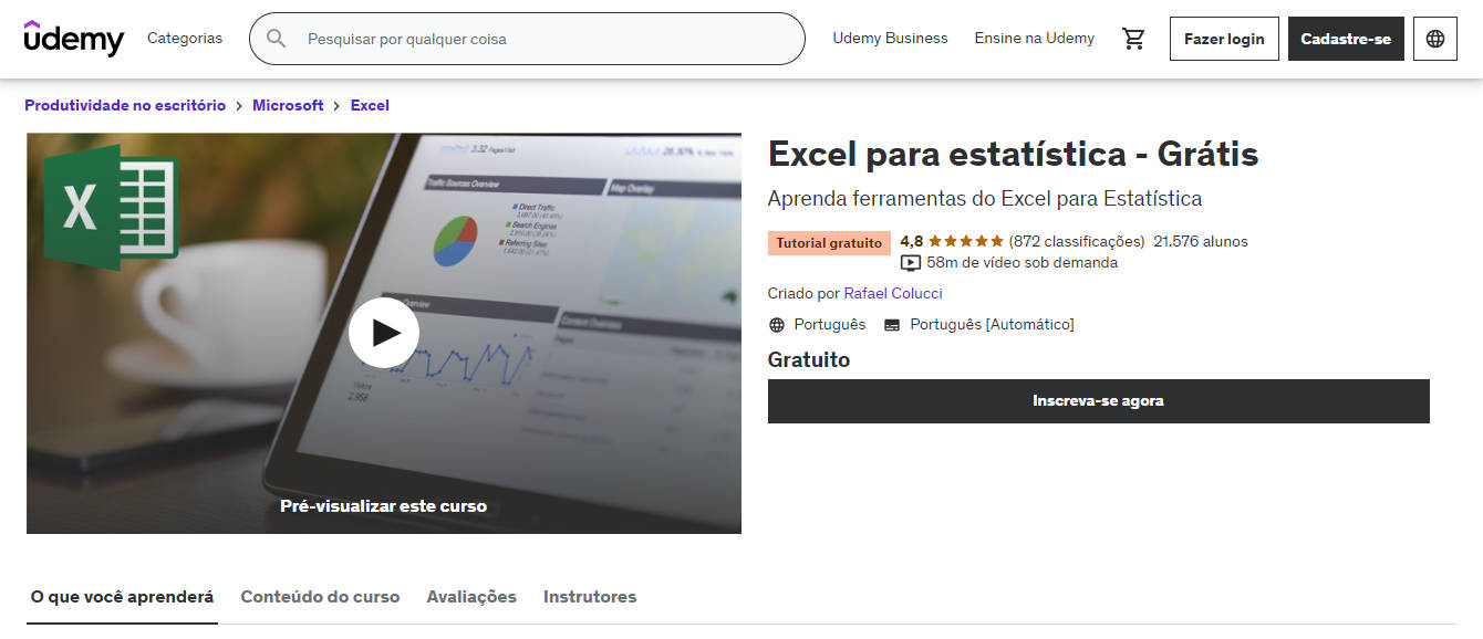 Top 10 cursos online gratuitos na Udemy em português - Curso Excel para estatística - Grátis