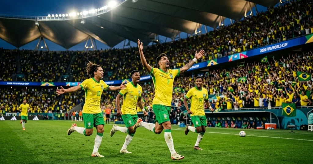 top 10 jogadores selecao brasileira copa mundo 2026 - Seleção Brasileira na Copa do Mundo 2026 - jogadores em campo com uniforme amarelo e verde