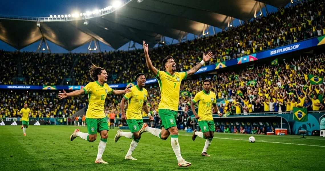 top 10 jogadores selecao brasileira copa mundo 2026 - Seleção Brasileira na Copa do Mundo 2026 - jogadores em campo com uniforme amarelo e verde